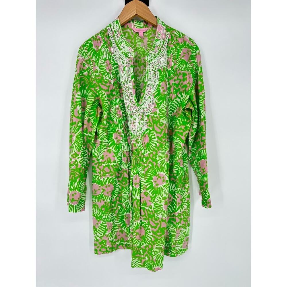 Lilly Pulitzer Womens‎ Sarasota V-Neck Beaded Tunic Top Size Medium Cotton Green